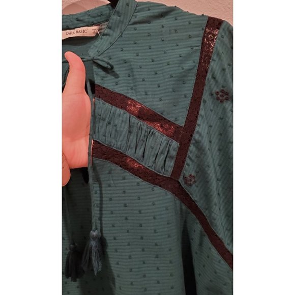 ZARA Green Embroidered Tie Neck Blouse - Picture 4 of 5